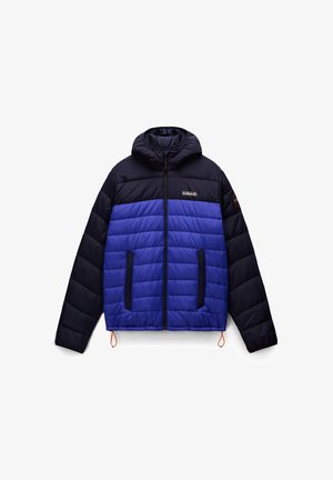 Gestepptes Pufferjacke in Marineblau und Königsblau mit Kapuze, Frontreißverschluss, zwei Seitentaschen und verstellbarem Saum.