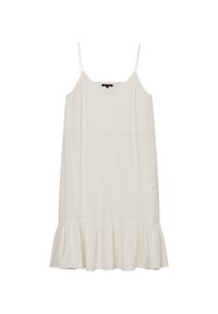 Valkoinen hihaton mekko, jossa V-aukko, löysä istuvuus ja röyhelöinen helma. Valmistettu kevyestä kankaasta, ohut spagettihihnat.