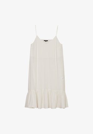 Valkoinen hihaton mekko, jossa V-aukko, löysä istuvuus ja röyhelöinen helma. Valmistettu kevyestä kankaasta, ohut spagettihihnat.