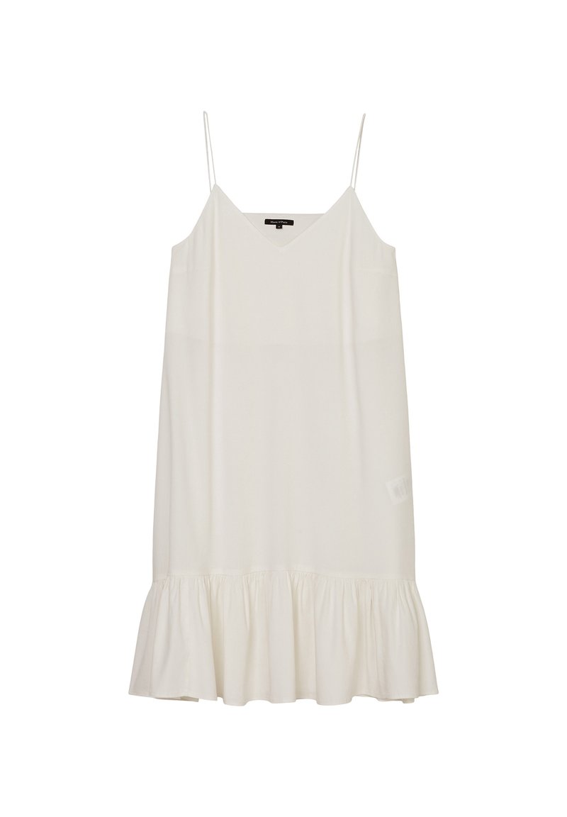 Valkoinen hihaton mekko, jossa V-aukko, löysä istuvuus ja röyhelöinen helma. Valmistettu kevyestä kankaasta, ohut spagettihihnat.