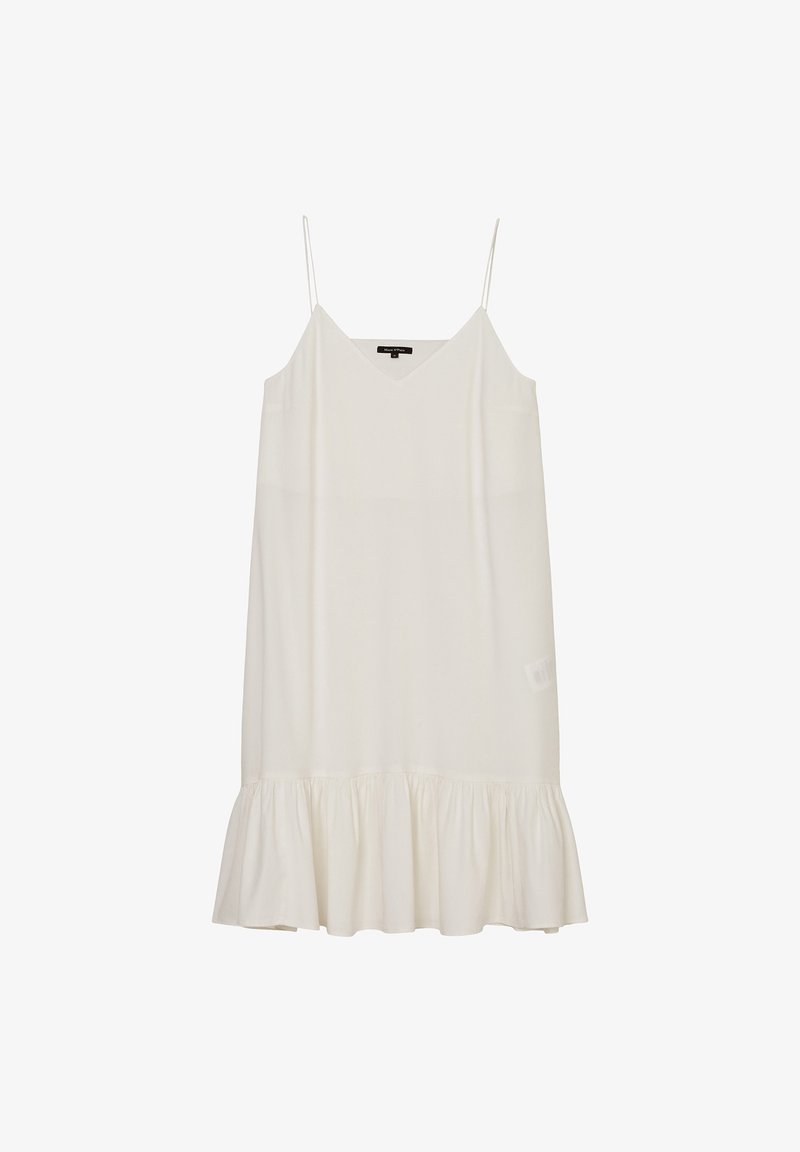 Valkoinen hihaton mekko, jossa V-aukko, löysä istuvuus ja röyhelöinen helma. Valmistettu kevyestä kankaasta, ohut spagettihihnat.