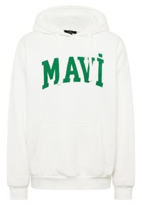 Sweat à capuche blanc avec texte vert "MAVI" sur la poitrine et poche kangourou frontale.