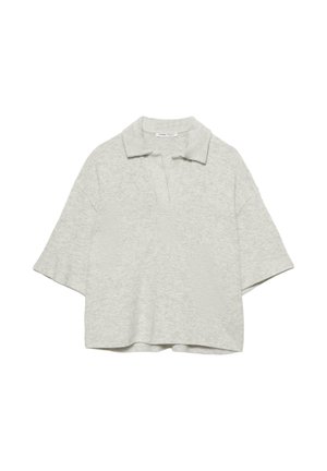 Hellgraues, kurzärmeliges Poloshirt mit V-Ausschnitt und geripptem Kragen. Weicher Stoff und lockere Passform mit geradem Saum.