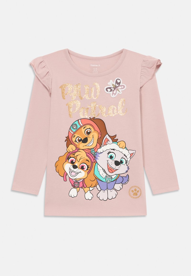 Dug nadjev long-sleeve roze košulje s tri crtana psa iz "Paw Patrol", s sjajnim natpisom i volanima na rukavima. Mekani pamučni materijal.