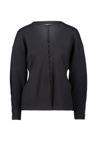 Czarny dzianinowy kardigan z dekoltem w serek, z zapięciem na guziki z przodu i długimi rękawami. Gładka tekstura i luźny krój.