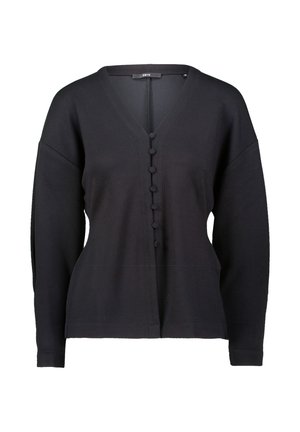 Czarny dzianinowy kardigan z dekoltem w serek, z zapięciem na guziki z przodu i długimi rękawami. Gładka tekstura i luźny krój.