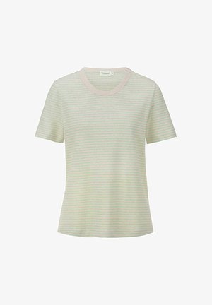 T-shirt met korte mouwen van lichte stof met een zacht, pastelgroen en cream gestreept patroon. Heeft een ronde halslijn en een relaxte pasvorm.