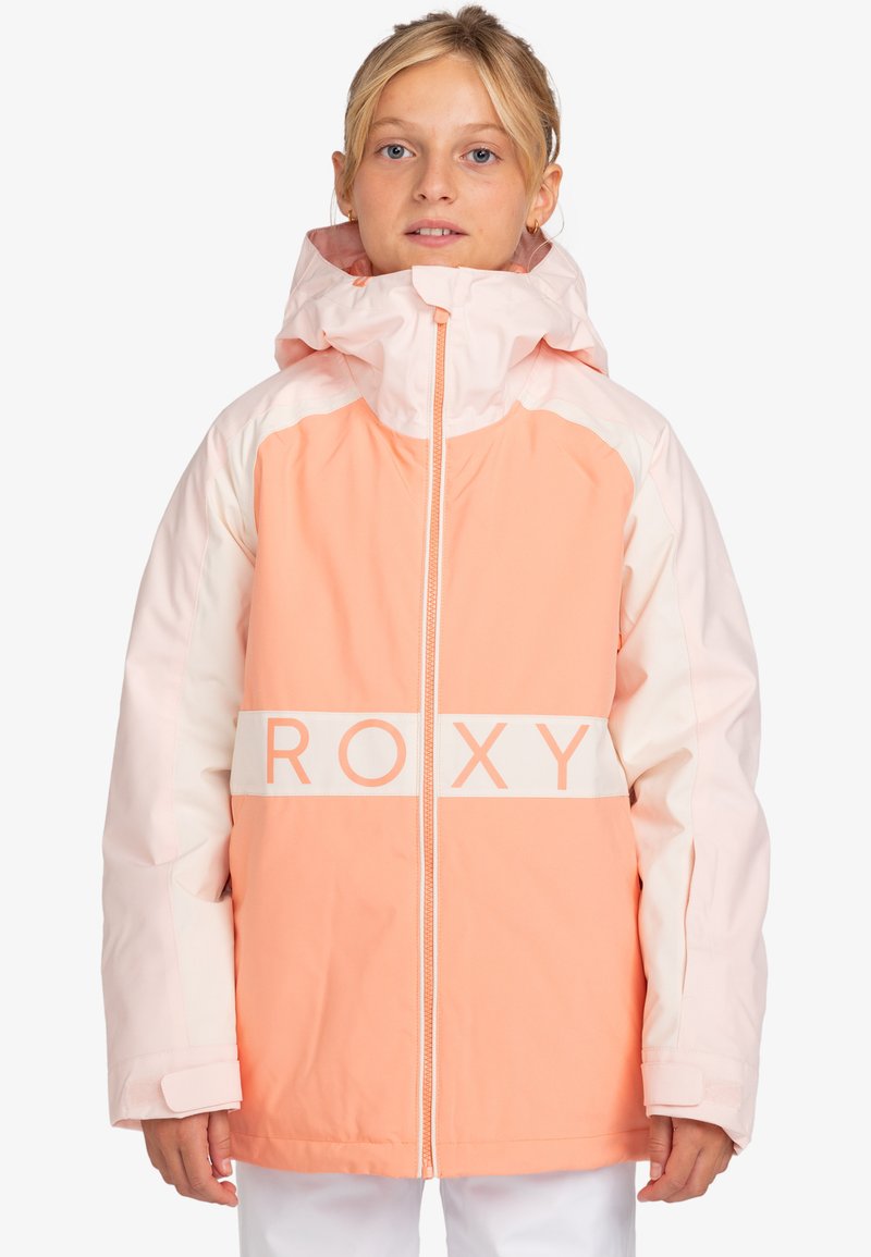 Rosa och persika färgblockerad snowboardjacka med hög krage, huva och vit "ROXY" logoband över framsidan. Vattentät design.