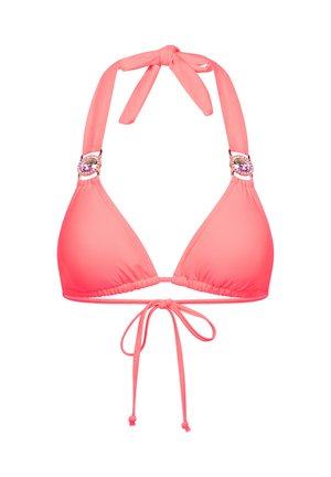 Rosa Bikini-Oberteil mit dreieckigen Cups und Bindebändern im Rücken. Verfügt über dekorative Beschläge mit bunten Akzenten auf jeder Seite. Glatte Textur.
