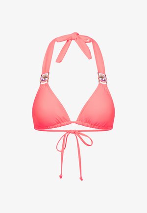 Roze bikini top met driehoekige cups en strikbandjes. Beschikt over decoratieve hardware met kleurrijke accenten aan elke kant. Glad textuur.