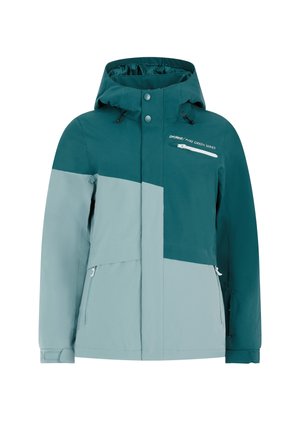 Teal and light blue insulated jacket with a hood, zippered pockets, and prominent stitching, featuring a geometric color-block design.
