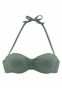 Top bikini verde con design a bandeau, centro arricciato e spalline regolabili. Realizzato in tessuto morbido ed elastico.