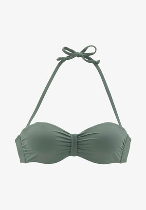 Grüner Bikini-Oberteil mit Bandeau-Design, gerafftem Mittelteil und verstellbaren Halterträgern. Hergestellt aus glattem, dehnbarem Stoff.