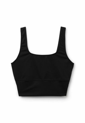 Soutien-gorge de sport noir, court, avec un décolleté carré et de larges bretelles. Fabriqué en tissu lisse et extensible. Détails de couture le long du torse.