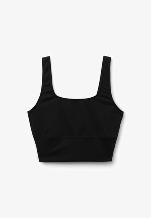 Schwarzer, taillierter Sport-BH mit quadratischem Ausschnitt und breiten Trägern. Hergestellt aus glattem, elastischem Material. Nahtdetails entlang des Oberkörpers.