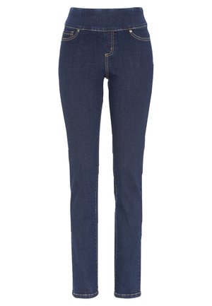 Mörkblå denimjeans med en kroppsnära siluett, som har hög midja, femfickdesign och kontrasterande gul söm.