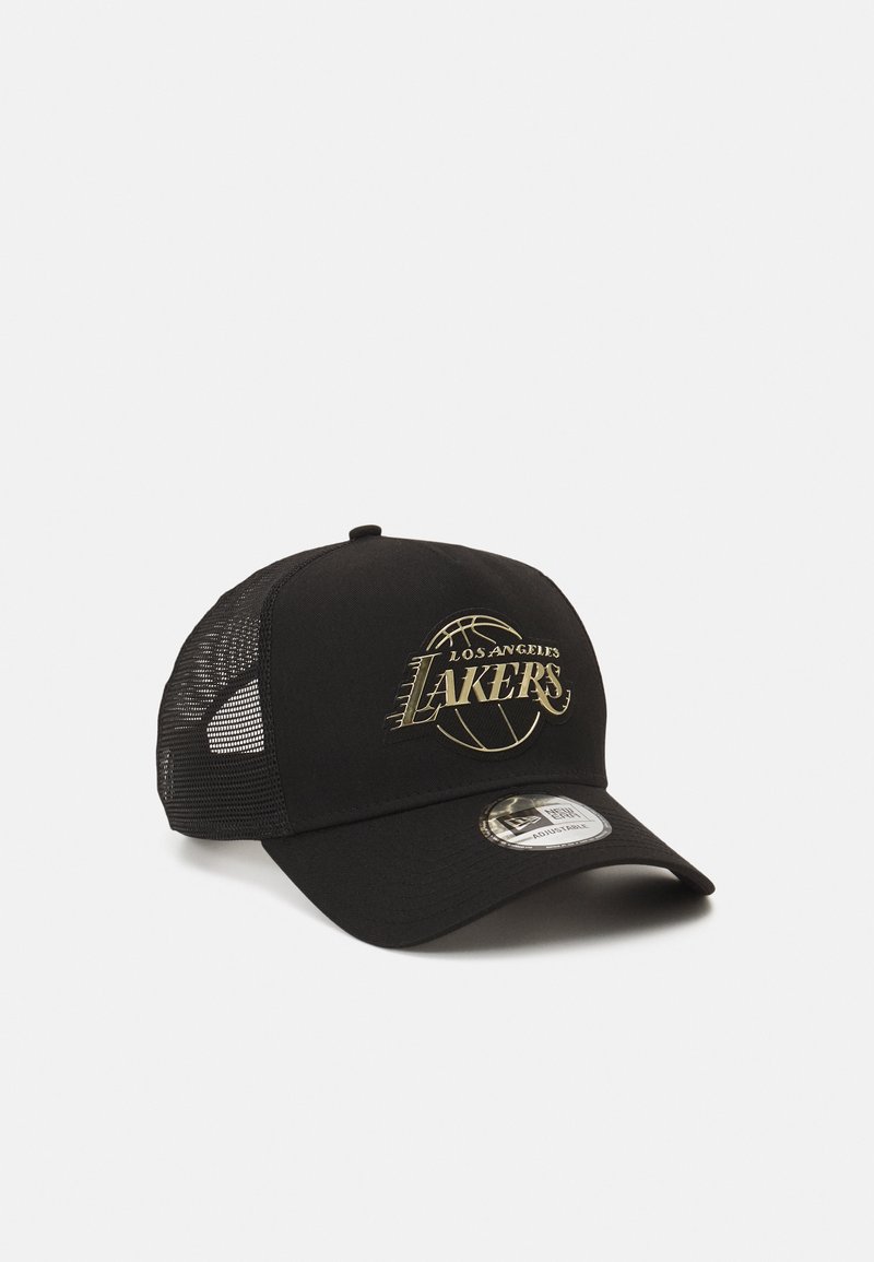 Black baseball cap with mesh sides and a curved visor. Features "Los Angeles Lakers" logo in gold on the front.
