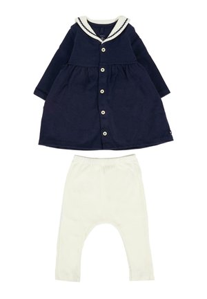 Abito per neonate di colore blu navy con colletto da marinaio bianco e bottoni, abbinato a leggings bianchi con vita elastica.