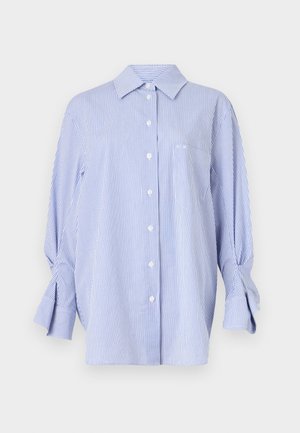 Blau-weiße gestreifte Hemdbluse mit lockerer Passform, spitzem Kragen, langen Ärmeln mit Schleifenakzenten und einer Brusttasche.