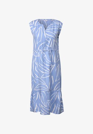 Robe bleu clair avec un motif de feuilles blanches, manches courtes, décolleté en V et taille élastique. Présente un ourlet volé et un tissu en coton lisse.