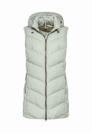 Lys grøn, ærmeløs puffer vest med chevron kviltning, lynlås foran, snøre i hætten og sidelommer. Glat tekstur.