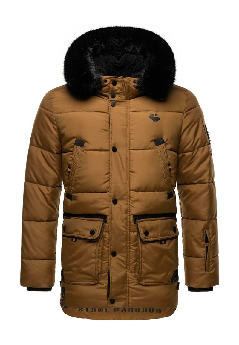 Parka maro căptușită cu glugă detașabilă căptușită cu blană neagră, cu multiple buzunare cu clapetă, accente cu fermoar și un logo pe piept.
