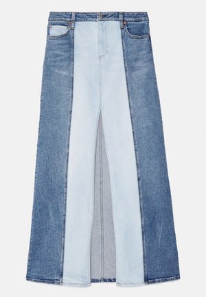 Denim skirt featuring three shades of blue, with a split front design and contrasting panels. Classic waistband with button closure.
