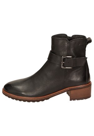 Bottine en cuir noir avec boucle latérale, talon empilé marron et semelle texturée, vue de côté extérieur sur fond blanc.