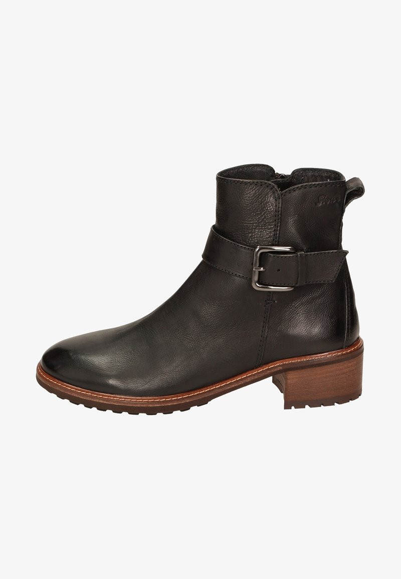 Bottine en cuir noir avec boucle latérale, talon empilé marron et semelle texturée, vue de côté extérieur sur fond blanc.