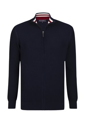 Marineblauer Herren-Zip-Pullover mit gerippter Struktur, langen Ärmeln und einem gestreiften Kragen in Weiß und Rot.