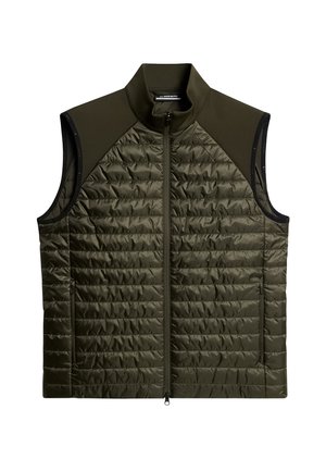 Olivgrüne isolierte Weste mit hohem Kragen, Reißverschluss vorne und gestepptem Design. Verfügt über glatte Schulterpartien und seitliche Taschen.