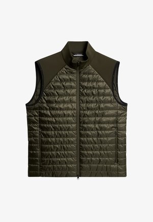 Oliwkowa kamizelka ocieplana z wysokim kołnierzem, zapinana na zamek, o pikowanej fakturze. Posiada gładkie panele na ramionach oraz boczne kieszenie.