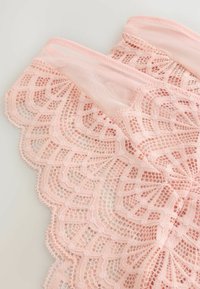 Tissu en dentelle rose clair avec des motifs floraux et géométriques, bords festonnés, et un support en maille transparente.
