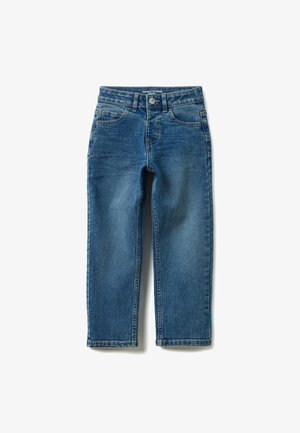 Jean en denim bleu moyen avec coupe droite, doté d'un design à cinq poches, de passants pour ceinture et d'une fermeture par bouton.