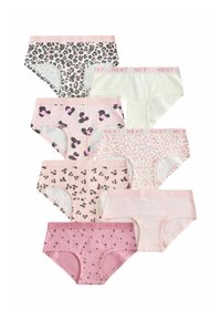 Set di otto slip in cotone di varie tonalità di rosa. Presentano motivi a leopardo e a cuore, una cintura con logo e colori solidi. Inclusi più design.