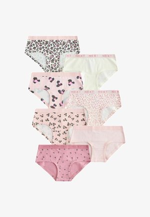 Sieben Paar Damen-Bikini-Unterwäsche in Rosa, Weiß und Leopardenmustern, angeordnet in zwei Spalten auf weißem Hintergrund.
