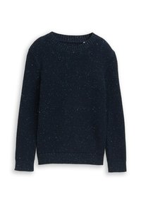 Granatowy sweter z dzianiny z żeberkowym wykończeniem, teksturowaną powierzchnią i subtelnymi kropeczkami. Długie rękawy i boczne rozcięcia podkreślają styl.