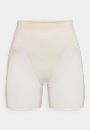 Shorts modellanti beige a vita alta con pannelli laterali in mesh, progettati per modellare il corpo e rendere la silhouette liscia.