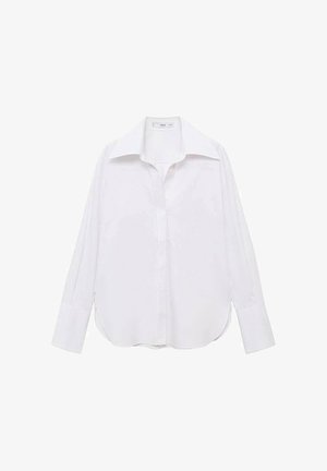 Biała, długos Kompletna na guziki koszula z klasycznym kołnierzykiem, luźnym krojem, bocznymi rozcięciami i gładką teksturą wykonaną z lekkiego materiału.