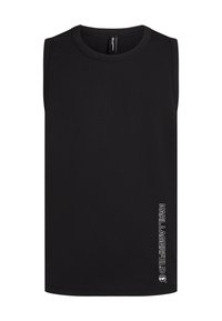 Juodas be rankovių medvilninis marškinėlis su apvalia iškirpte ir mažu baltu "KARL LAGERFELD" logotipu apačioje. Minkšta tekstūra, įprastas pritaikymas.