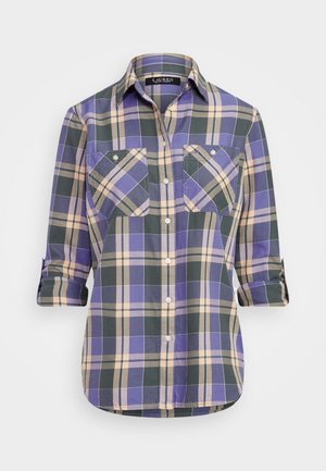 Skjorte med knapper i tern med lilla, grønne og beige felter, med to brystlommer og opmækkede ærmer.