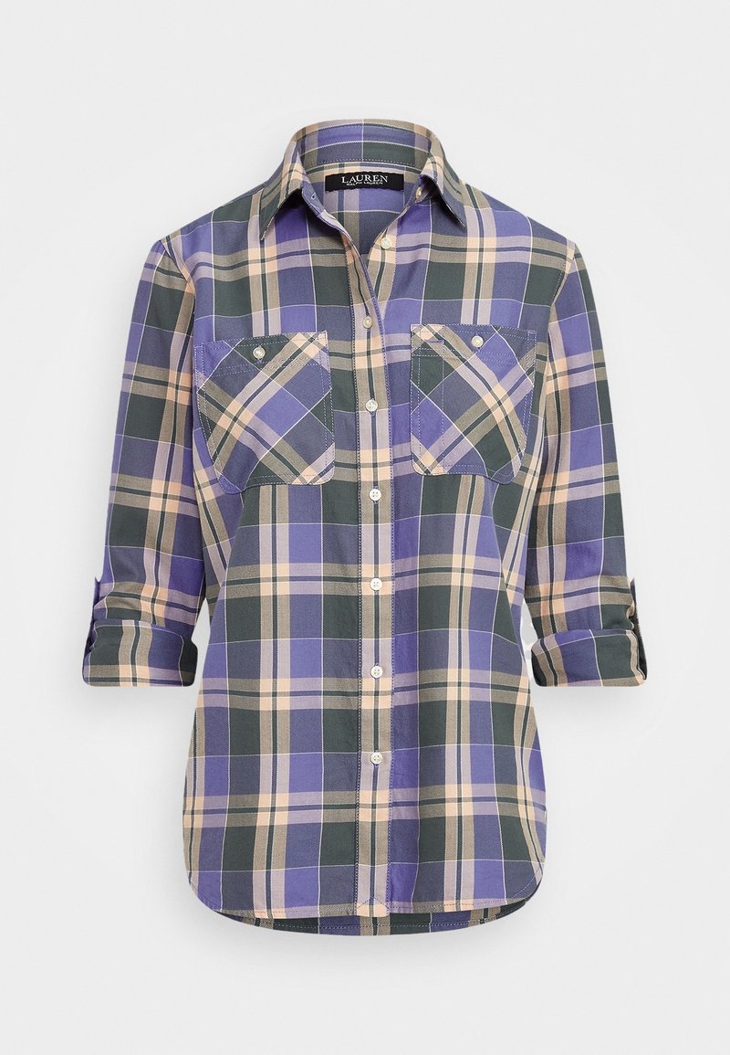 Skjorte med knapper i tern med lilla, grønne og beige felter, med to brystlommer og opmækkede ærmer.