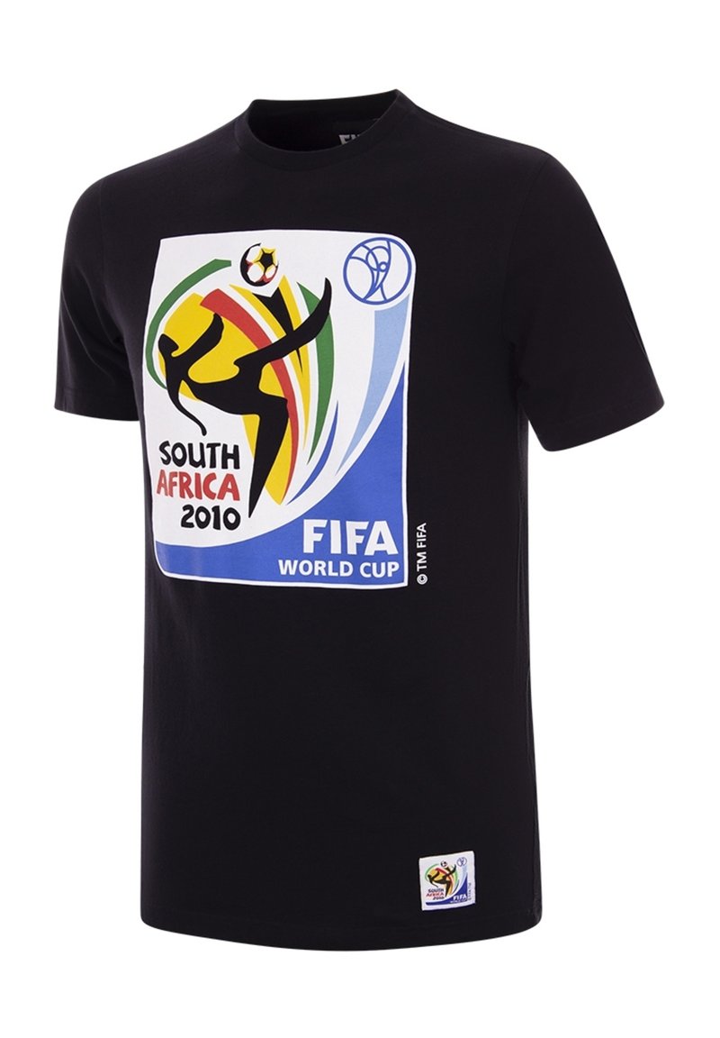 Zwarte katoenen t-shirt met een kleurrijk grafisch logo voor de FIFA Wereldbeker 2010 in Zuid-Afrika, met opvallende ontwerpen en branding.