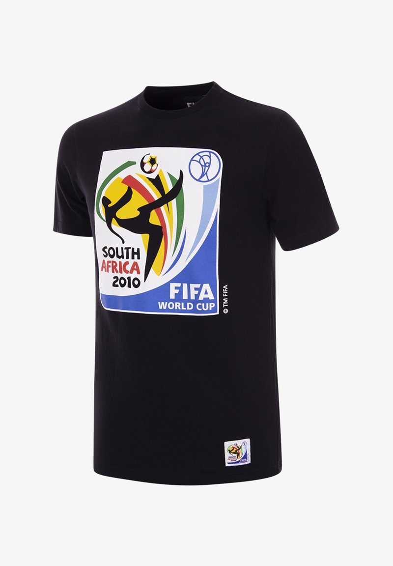Zwarte katoenen t-shirt met een kleurrijk grafisch logo voor de FIFA Wereldbeker 2010 in Zuid-Afrika, met opvallende ontwerpen en branding.
