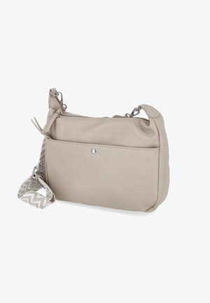Beige Leder-Crossbody-Tasche mit Fronttasche, silbernem Reißverschluss und abnehmbarem, gemustertem Riemen mit geometrischem Design.