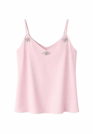 Canottiera rosa chiaro senza maniche con sottili spalline regolabili e tre decorazioni floreali argentate vicino allo scollo.