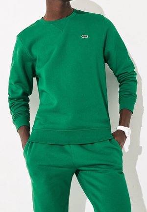 Mann trägt grünes Lacoste-Sweatshirt und passende grüne Hose, steht mit den Händen in den Taschen vor weißem Hintergrund.