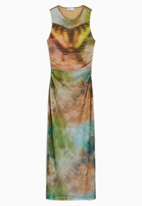 Hihaton midi-mekko yhdistelmässä vihreitä, ruskeita ja sinisiä sävyjä. Mekossa on rypytetty sivuyksityiskohta, pyöreä pääntie ja silkkinen tekstuuri.