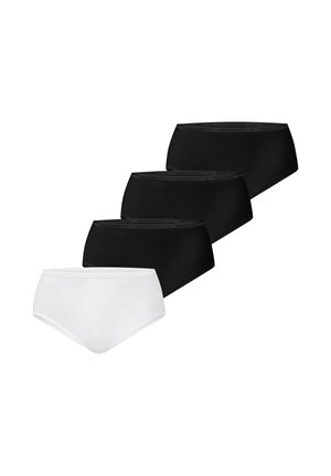 Neljä naisten korkeavyötäröistä alushousuparia, kolme mustaa ja yksi valkoinen, järjestetty vinottain valkoiselle taustalle.