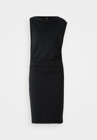 Black sleeveless dress in stretch fabric, featuring a draped neckline, gathered waist detail, and a fitted silhouette that falls above the knee.
